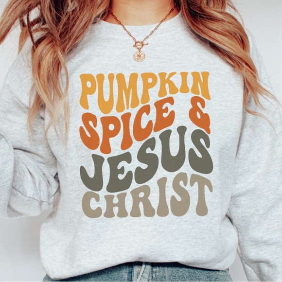 NEW Christian Pumpkin Spice Graphic Crew Neck Long Sleeve Sweatshirt - Picture 3 of 5